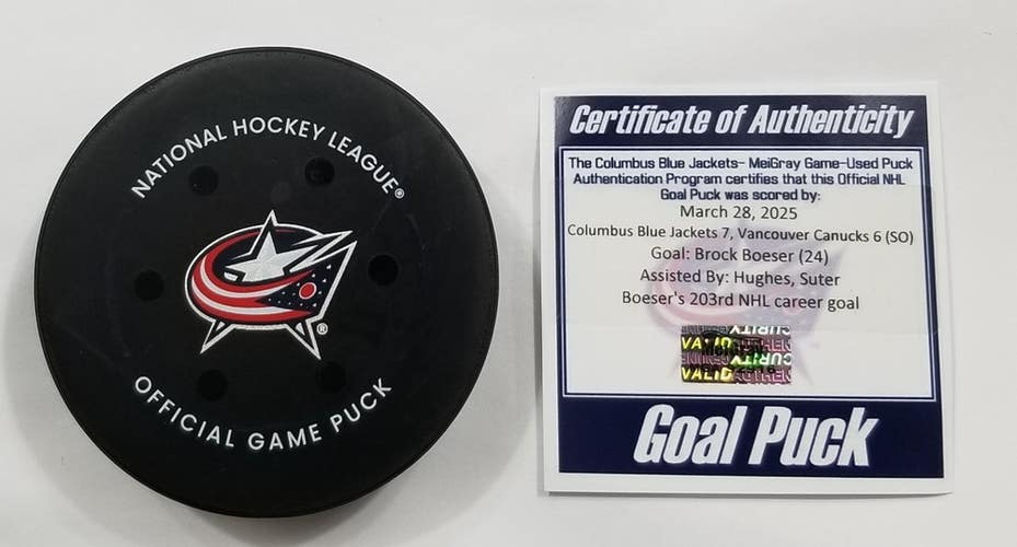 3-28-25 BROCK BOESER Vancouver Canucks at Columbus Game Used Hockey GOAL Puck