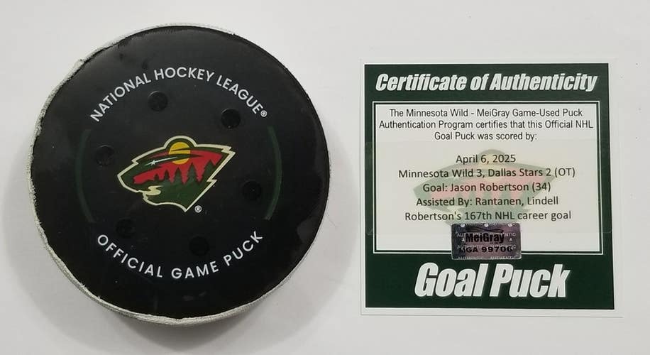 4-6-25 JASON ROBERTSON Dallas Stars at Minnesota Wild Game Used Hockey GOAL Puck