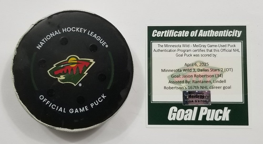 4-6-25 JASON ROBERTSON Dallas Stars at Minnesota Wild Game Used Hockey GOAL Puck