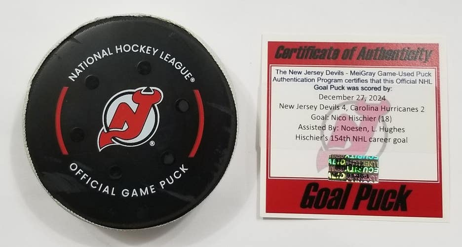 12-27-24 NICO HISCHIER New Jersey Devils vs Carolina Game Used Hockey GOAL Puck