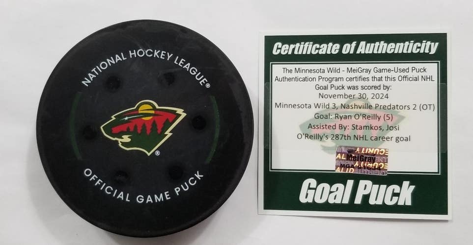 11-30-24 RYAN O'REILLY Nashville Predators at Minnesota Wild Game Used GOAL Puck