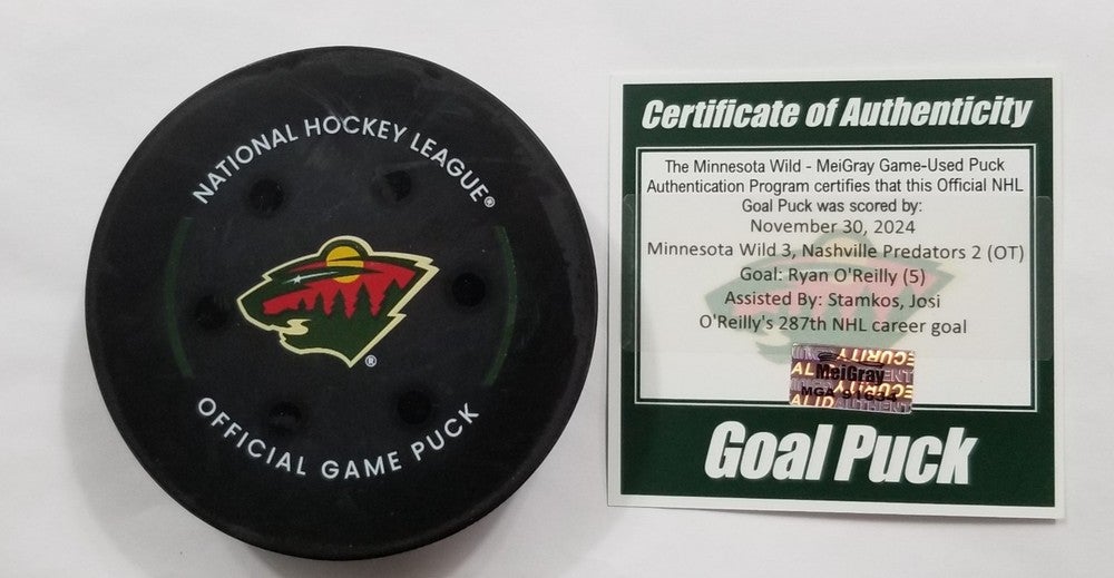 11-30-24 RYAN O'REILLY Nashville Predators at Minnesota Wild Game Used GOAL Puck