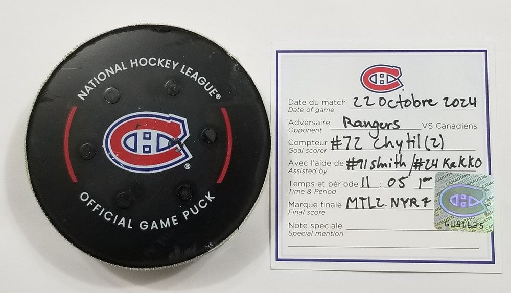 10-22-24 FILIP CHYTIL New York Rangers at Montreal Canadiens Game Used GOAL PUCK