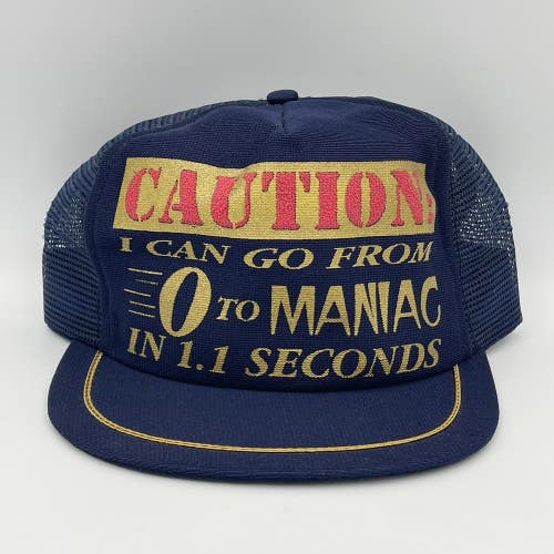 Vintage Caution 0 To Maniac Funny Comedy Humor Snapback Trucker Hat Cap Rare