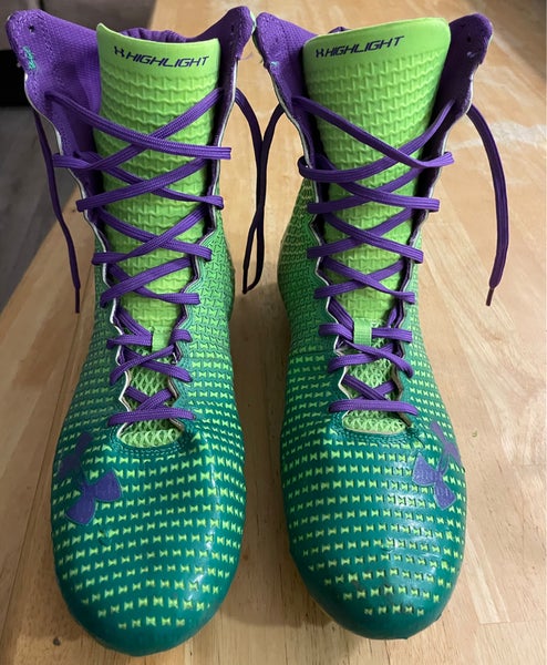 Geeen and Purple Men's Size M 12.5 (W 13.5) Adult Under Armour ClutchFit High Top Turf Cleats (New)
