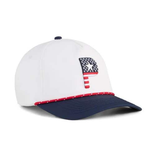 Puma Pars & Stripes 5-Panel Hat (White Glow/Deep Navy, Adjustable) Golf Cap