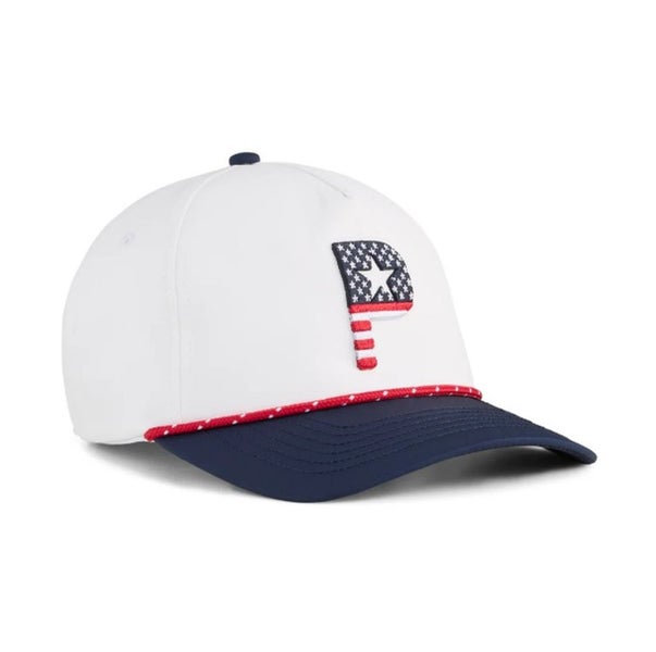 Puma Pars & Stripes 5-Panel Hat (White Glow/Deep Navy, Adjustable) Golf Cap