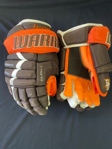 Pro Stock BGSU Return 14” Warrior Alpha Pro Ice Hockey Gloves Custom Palms