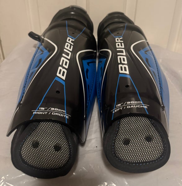 BAUER PERFORMANCE FLEX INLINE HOCKEY SHIN GUARD 15” L BLACK BLUE FLEXIBLE FIT