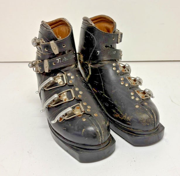 Antique 1960 Nordica Black Leather Alpine Ski Boots US Men's 10 Fast Shipping