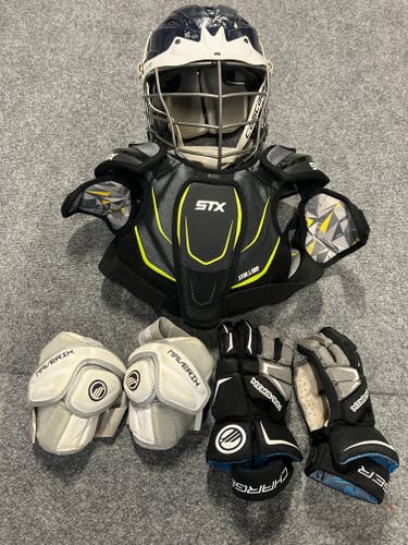 Small Youth Cascade Shoulder Pads gloves. helmet and pads. (Used)
