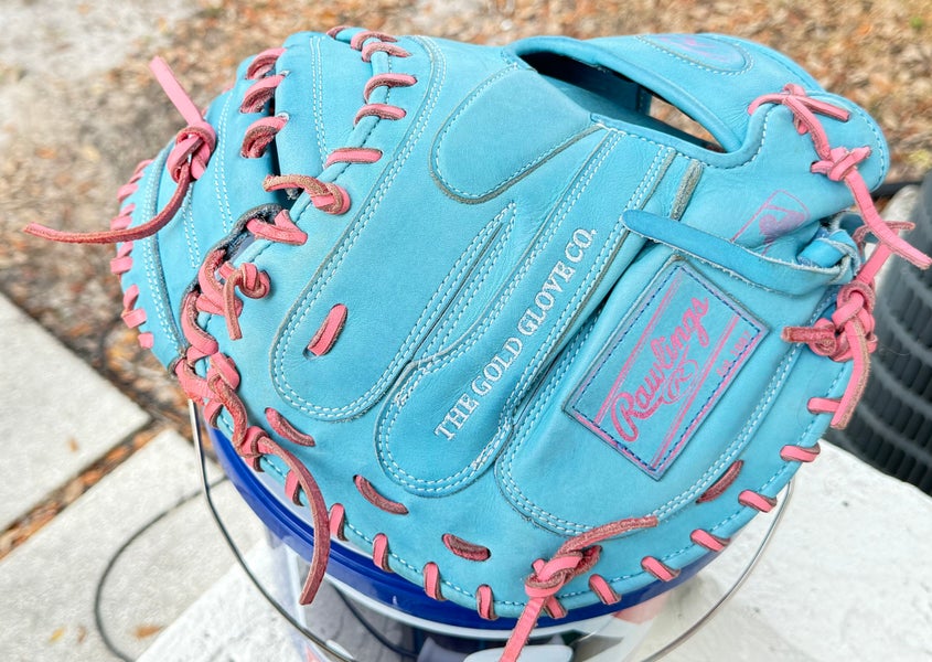 Game Ready Rawlings Right Hand Throw Catcher's Heart of the Hide Baseball Glove 33", Blue/Pink