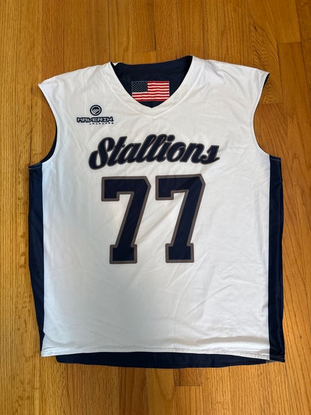 White and Navy Reversible Medium/Large Men's Stallions Lacrosse Maverik Jersey (New)