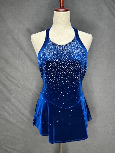STARRY NIGHT Figure Skating Dress Royal Blue Velour & Crystals Sz XL Competition