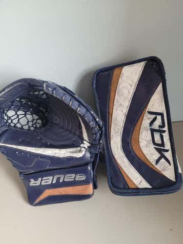 *Cheap Used Hockey Glove and Blocker, Blue, Bauer & Reebok