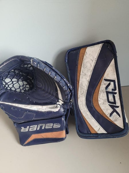 *Cheap Used Hockey Glove and Blocker, Blue, Bauer & Reebok