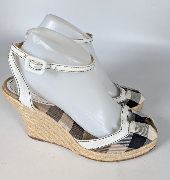 Burberry Nova Check Canvas Strappy Espadrille Wedge Peep Toe Sandals Size 40 / 9