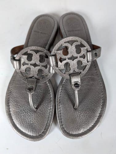 Tory Burch Miller Metallic Silver Leather Sandals Thong Shoe Women's Size 8M