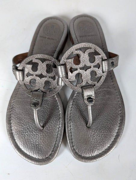 Tory Burch Miller Metallic Silver Leather Sandals Thong Shoe Women's Size 8M