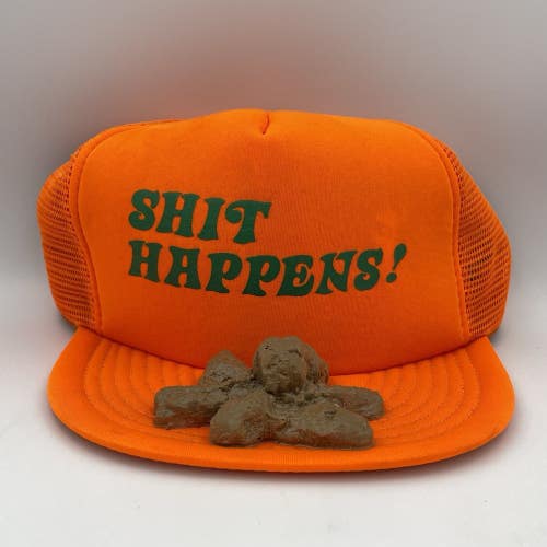 Vintage Sh*t Happens Orange Trucker Hat Snapback Mesh Cap Funny Slogan 80s/90s