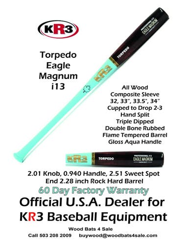 KR3 PRO I13 Eagle Magnum Torpedo Bat High Density Maple 34 inch Wood Bat (-3) 31.5 oz