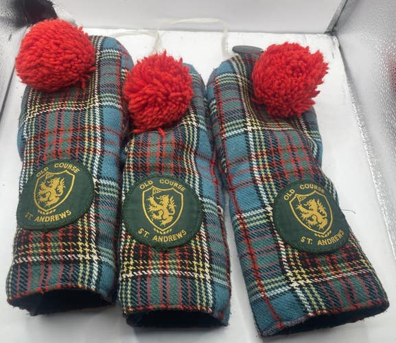 Set 3 Vintage St Andrews Old Course Golf Wood Headcovers Plaid *RARE*