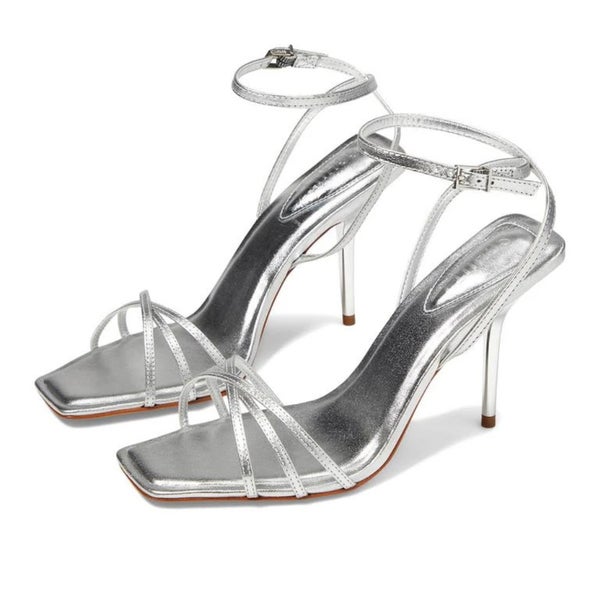 Schutz Amelia Sandals Women's US 7 Prata Leather Ankle Strap Stiletto Heel NCW23