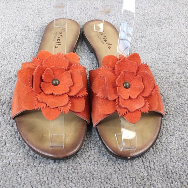 Mariella Sandals Womens Size 9.5 Shoes Slip On Orange Suede Floral Bow Flats