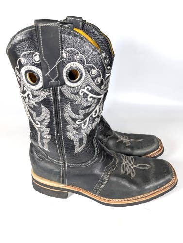 Potrero Men's Black Leather Square Toe Embroidered Western Cowboy Boots Size 8.5