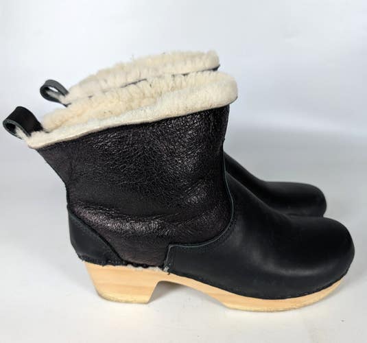 No 6 Black Leather Pull On Shearling Lined Clog Boot Mid Heel Women's 42 / 11