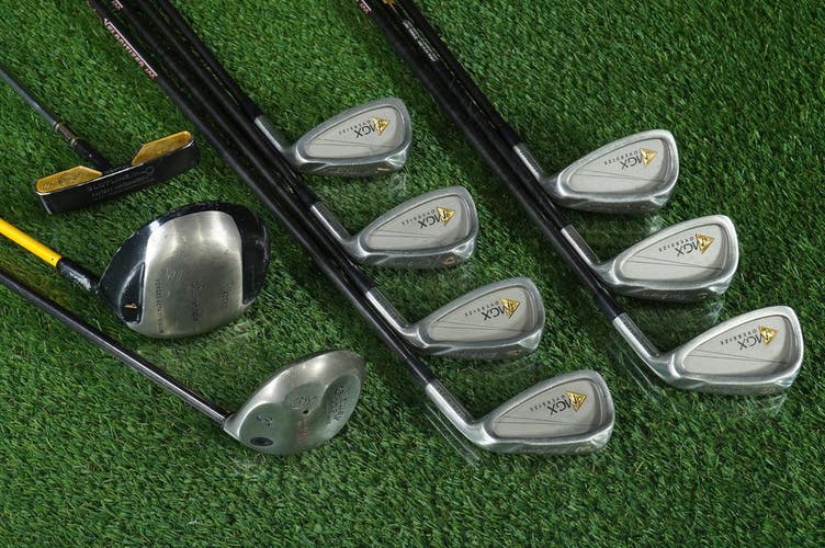 MEN'S 10pc. GOLF STARTER SET MACGREGOR CALLAWAY SOUTH BAY FIRM RH WITH NEW GRIPS