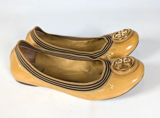 Tory Burch Caroline Ballet Flats Size: 7.5M Patent Leather Stretch Shoe Mustard