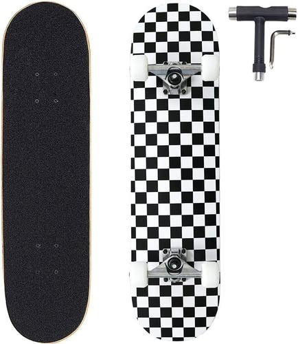 ANNEE 31x8 Inch Pro Skateboard Complete,7 Layer Canadian Maple Wood Black/White