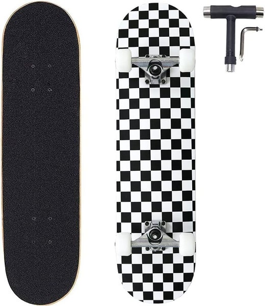 ANNEE 31x8 Inch Pro Skateboard Complete,7 Layer Canadian Maple Wood Black/White