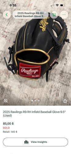 2025 Rawlings R9 RH Infield Baseball Glove 9.5" (Used)