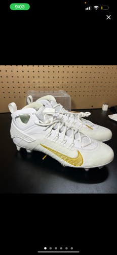 Size 10.5 Nike Huarache 9 Elite Mid Mens Lacrosse Cleats White Gold FD0088-100