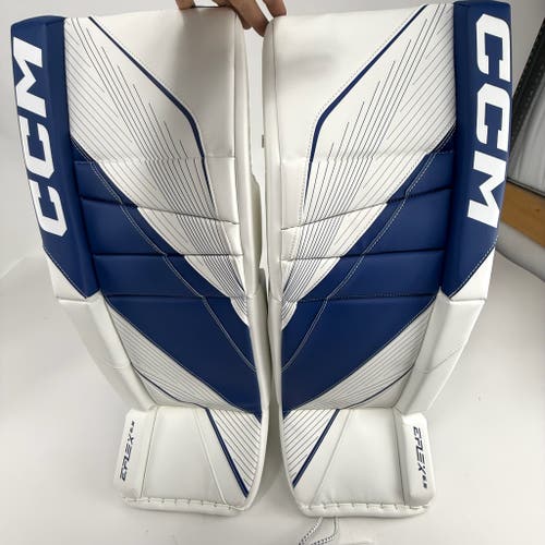 New White and Royal CCM E Flex 6.5 Goalie Pads | 32+1"
