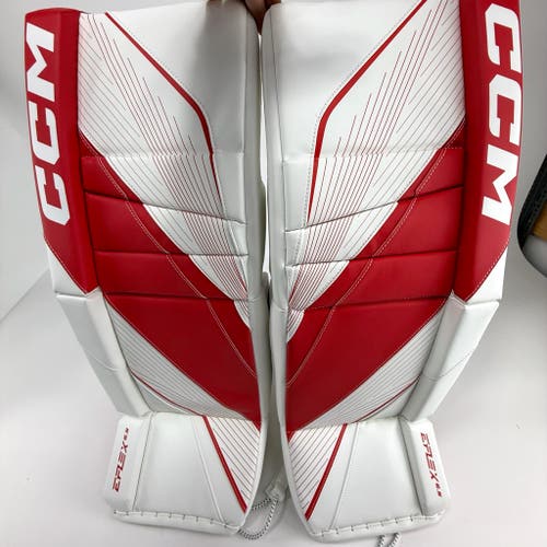 New White and Red CCM E Flex 6.5 Goalie Pads | 28+1" | Junior