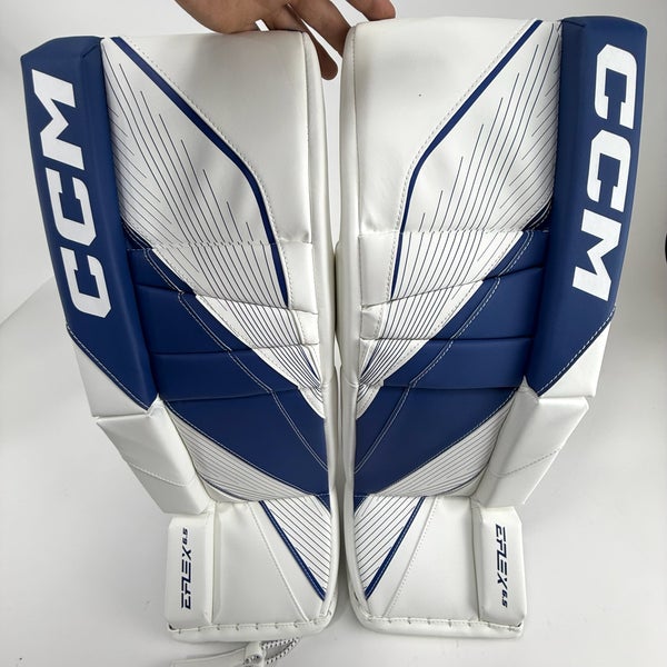 New White and Royal CCM E Flex 6.5 Goalie Pads | 26+1" | Junior