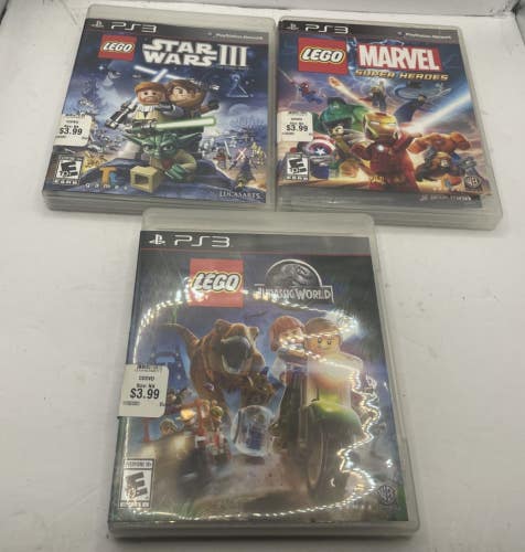 Lot of 3 PS3 Lego Games: Jurassic World, Star Wars III, Marvel w/Cases Tested