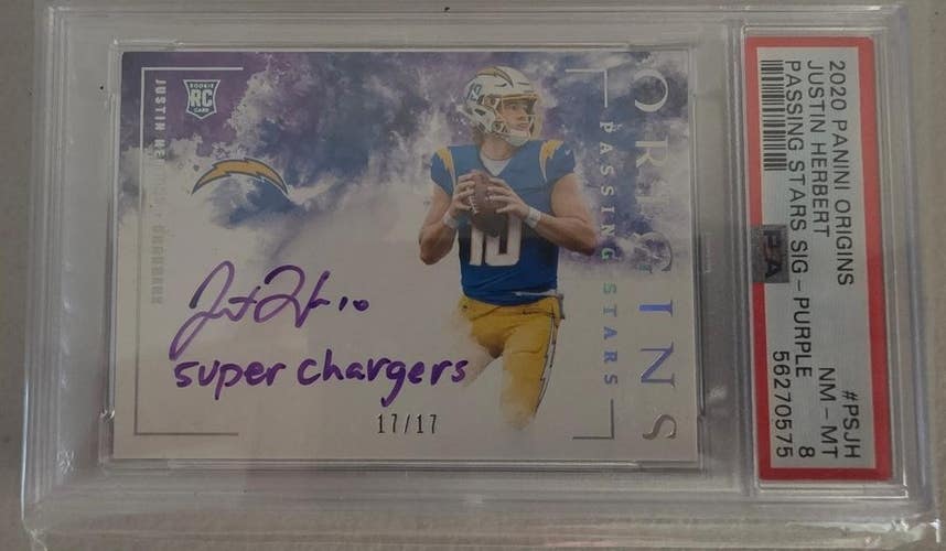 2020 Panini Origins JUSTIN HERBERT Rookie Auto Passing Stars 17/17 Purple PSA 8