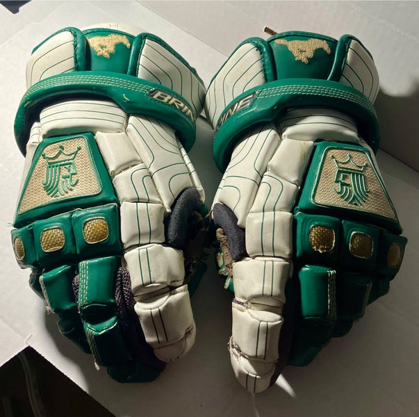 Custom Brine king men’s Lacrosse Gloves 13" (Used) mustang logo green and white