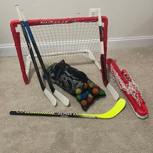 Mini Hockey lot of sticks, nets, balls and goalie pads (READ DESCRIPTION)