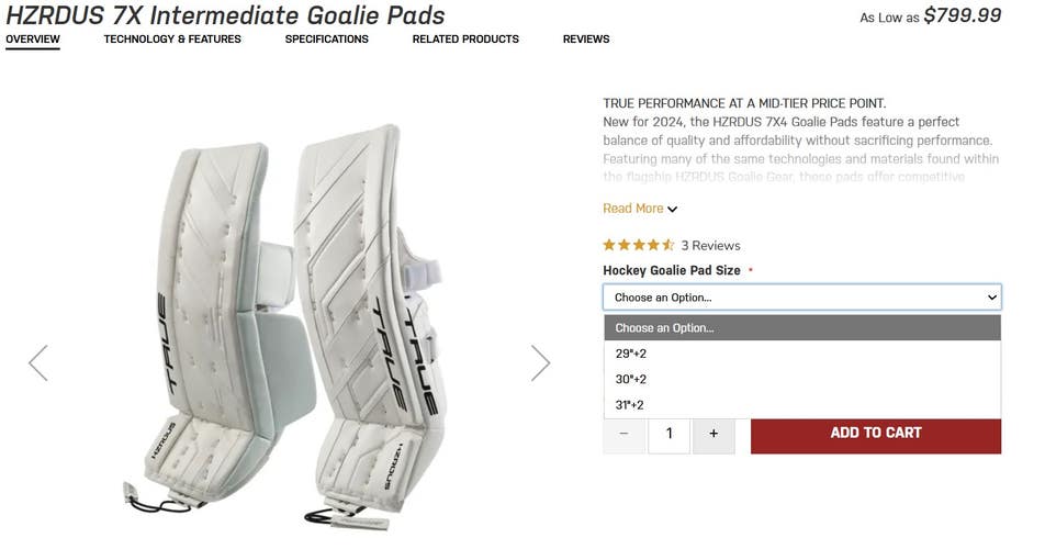30" True HZRDUS Goalie Leg Pads (New) *Other Sizes & Colors