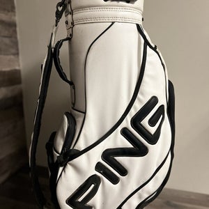 PING White Leather Golf Cart Bag Single Shoulder Strap 6-Way Top w/Rain Hood
