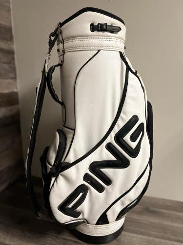 PING White Leather Golf Cart Bag Single Shoulder Strap 6-Way Top w/Rain Hood