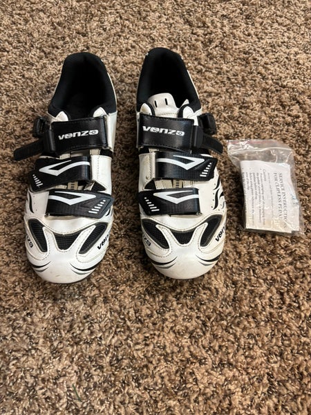 Venzo MX Three Strap Cycling Shoes White and Black, Mens US 8 EU 42