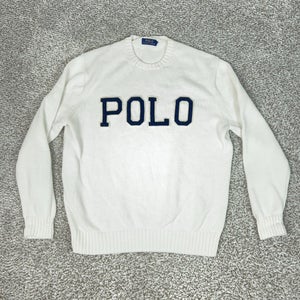 Polo Ralph Lauren Sweater Mens Large White Crewneck POLO Spellout Pullover Top