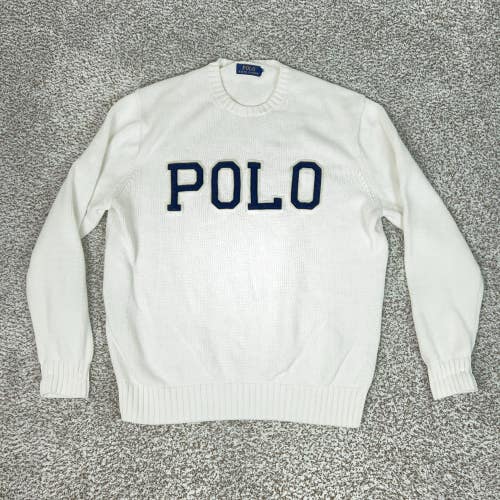 Polo Ralph Lauren Sweater Mens Large White Crewneck POLO Spellout Pullover Top