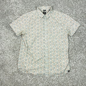 Prana Shirt Mens Medium White Floral Print Short Sleeve Button Up Casual Hiking